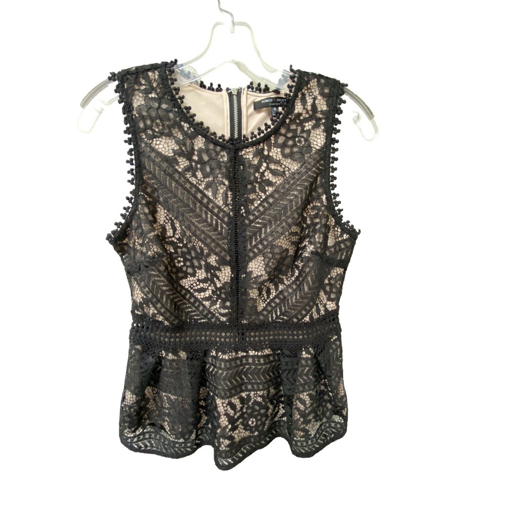 Romeo + Juliet Couture  Black/Nude Lace Overlay Peplum Top Sleeveless- Size Med